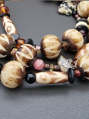 Vintage Artisan Tribal-Inspired Multi Strand Beaded Necklace | Hand Carved Bone
